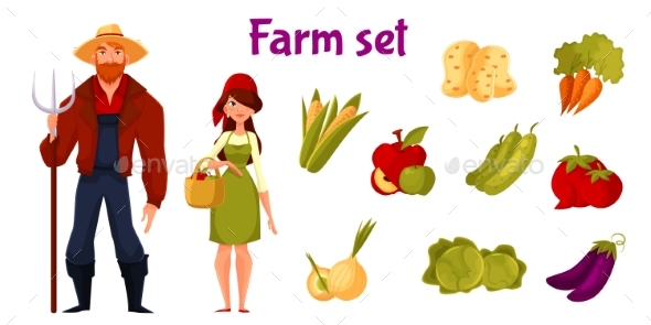 Farmers And Set Of Vegetables - Objects Vectors