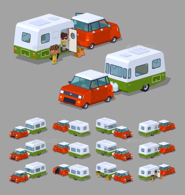 Low Poly Red Hatchback with Motor Home - Man-made Objects Objects