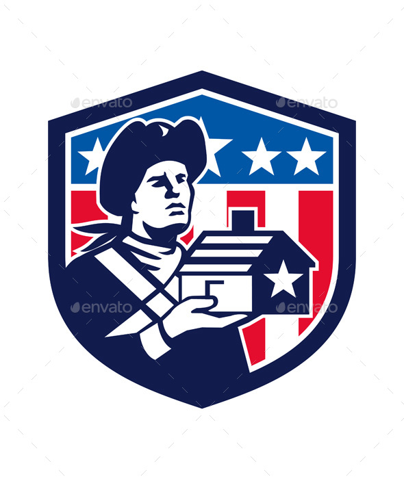 American Patriot Holding House Flag Crest Retro - People Characters