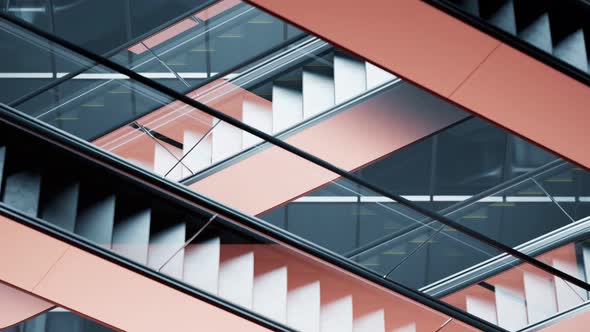 Animation of modern escalators made of glass and steel. Stairway. Seamless loop. alt
