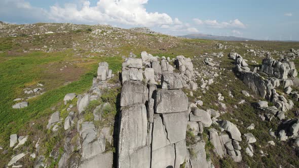 rock formations on Peneda-Geres National Park in northern Portugal. Drone orbiting view
