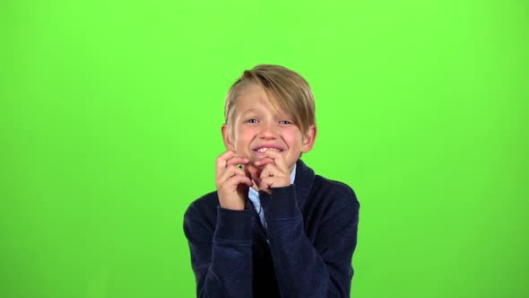 Child Boy Crossed His Fingers, He Is a Fan, but the Team Lost. Green Screen. Slow Motion alt