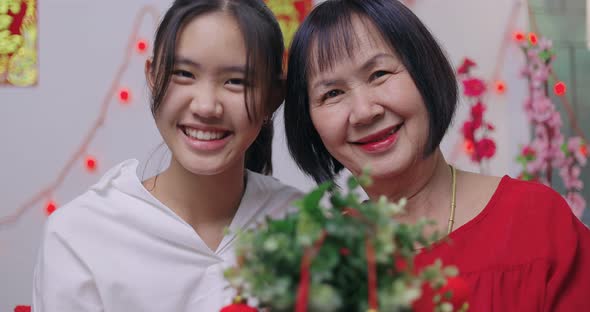Asian Senior Woman And Niece Decorate House For Chinese New Year Celebrations. alt