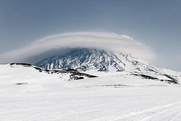 Wintry Mountain Landscape of Kamchatka: Active Koryaksky Volcano - Stock Photo - Images