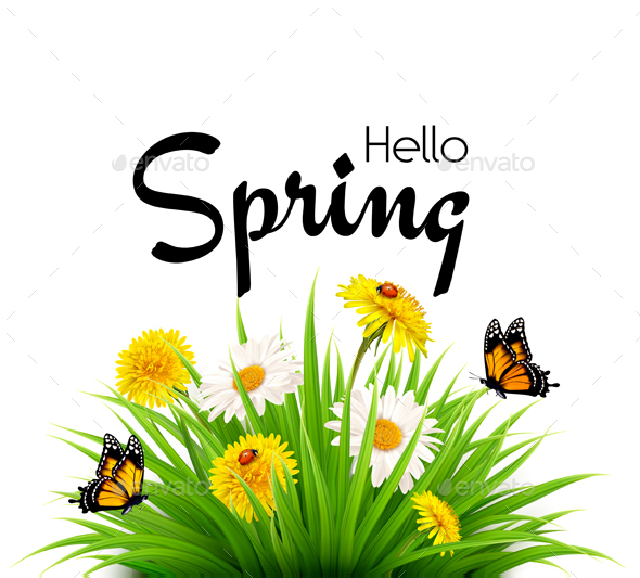 Hello Spring Background with Grass, Flowers and Butterflies. - Flowers & Plants Nature