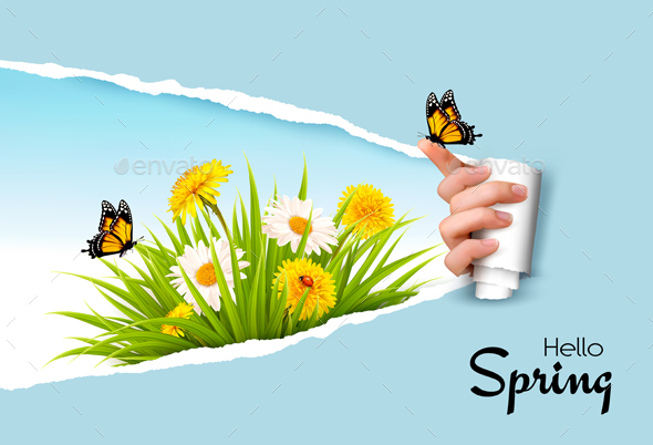 Ripped By Hand Paper Background Revealing Spring Flowers - Seasons Nature
