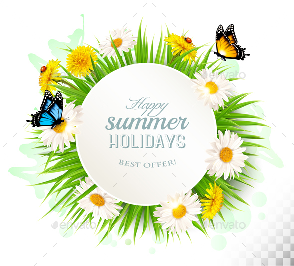 Happy Summer Holidays Banner with Grass and Flowers - Flowers & Plants Nature