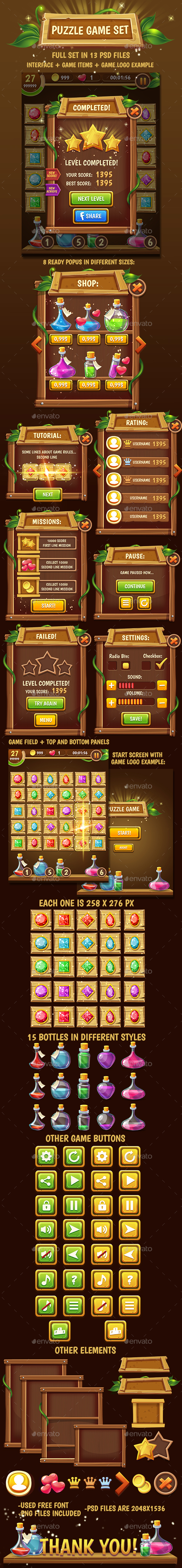 Big Wooden Game Puzzle Set with GUI - Game Kits Game Assets