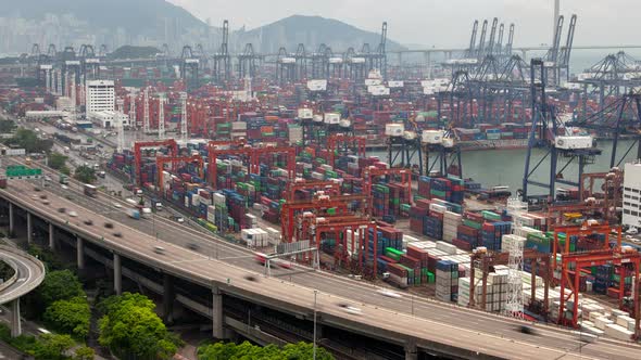 Hong Kong Container Port Terminal and Logistics Center Timelapse Pan Up alt