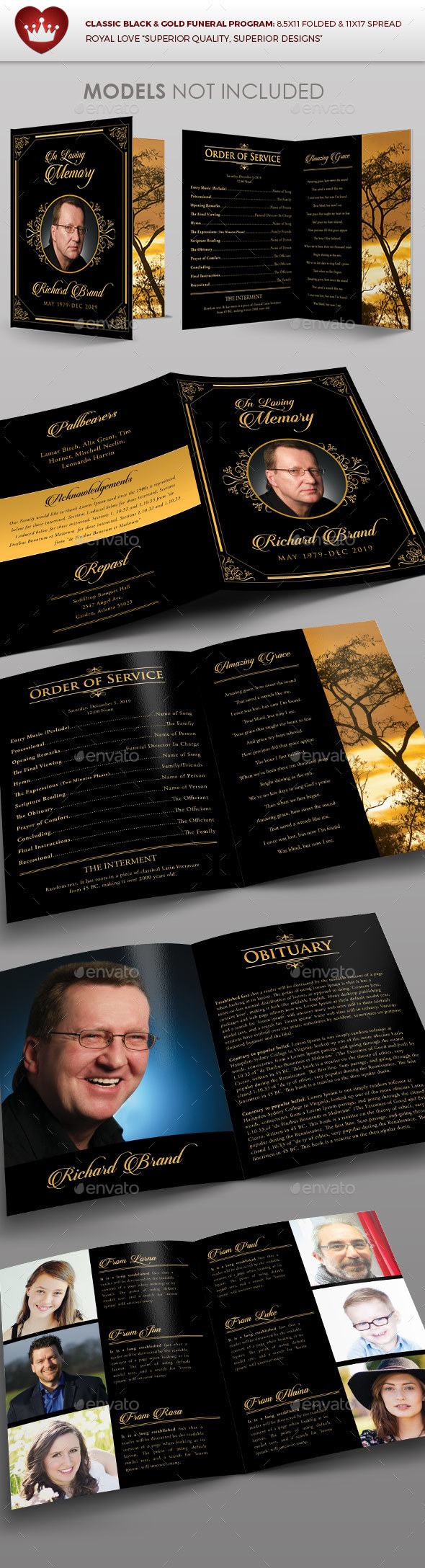 Classic Black & Gold Funeral Program Template - Brochures Print Templates