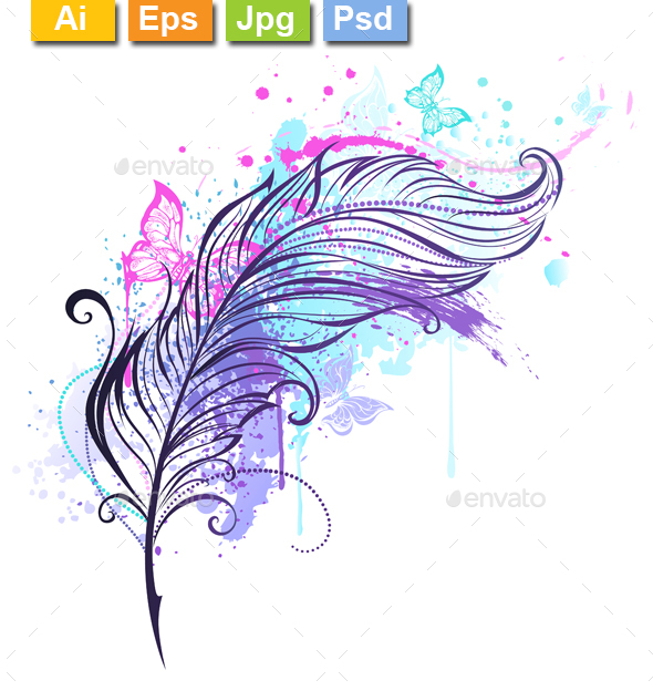 Feather with Butterflies - Tattoos Vectors