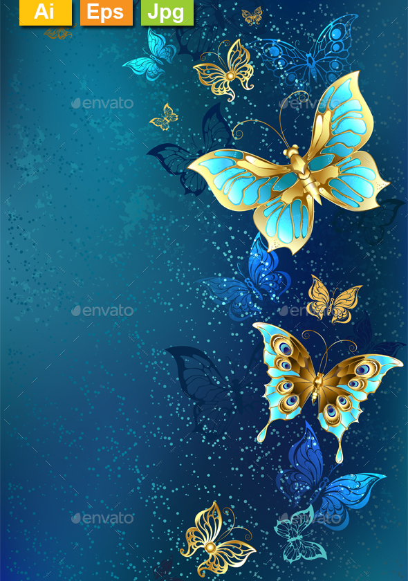 Golden Butterflies on a Blue Background - Backgrounds Decorative