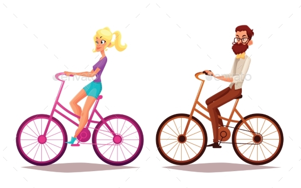 Cartoon Couple Riding Bikes - People Characters