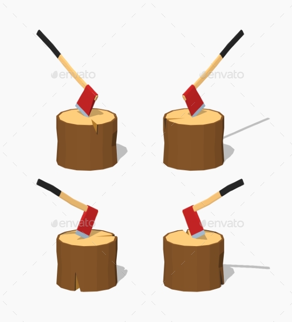 Low Poly Hatchet In The Stump - Objects Vectors