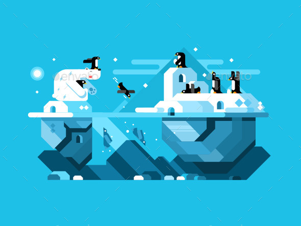 Arctic Polar Bear With Penguins - Animals Characters