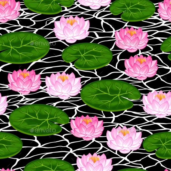 Natural Seamless Pattern With Lotus Flowers - Flowers & Plants Nature