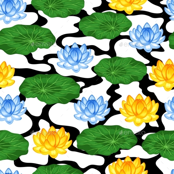 Natural Seamless Pattern With Lotus Flowers - Flowers & Plants Nature
