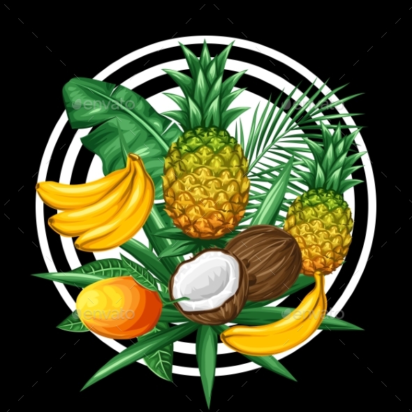 Background With Tropical Fruits And Leaves. Design - Food Objects