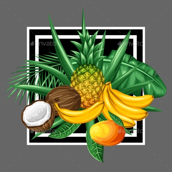 Background With Tropical Fruits And Leaves. Design - Food Objects