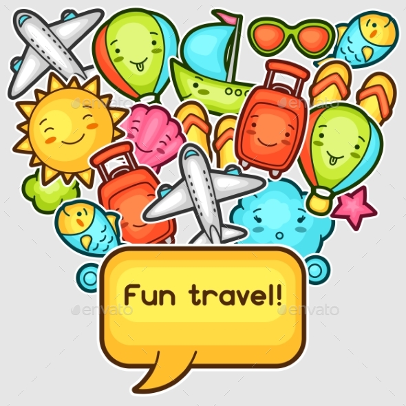 Cute Travel Background With Kawaii Doodles. Summer - Travel Conceptual
