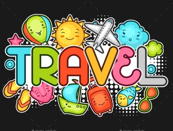 Cute Travel Background With Kawaii Doodles. Summer - Travel Conceptual