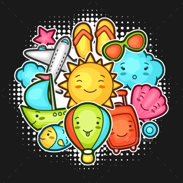 Cute Travel Background With Kawaii Doodles. Summer - Travel Conceptual