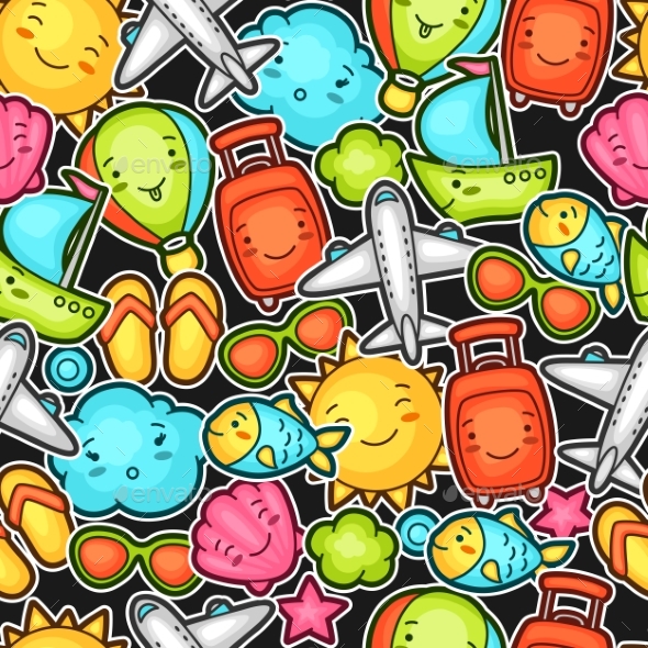 Seamless Travel Kawaii Pattern With Cute Doodles - Travel Conceptual