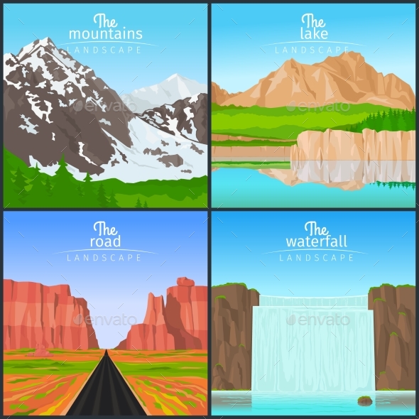 Mountains And Waterfall Landscape Set - Landscapes Nature