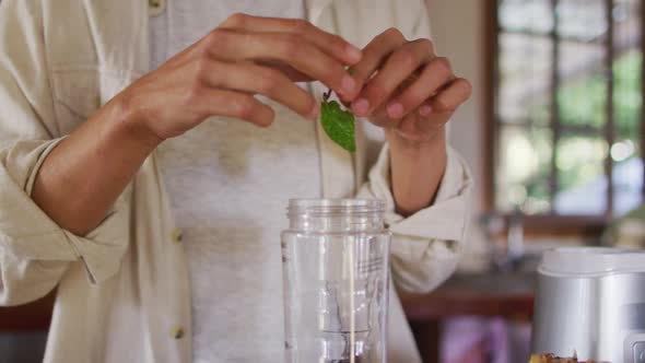 Mixed race woman preparing health drink standing in cottage kitchen alt