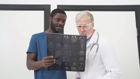Graduate Student Shows a Computed Tomography Xray Image Patient's Brain to His Older Colleague