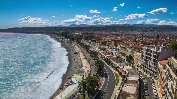 Aerial View of Public Beach and Sea With Foamy Waves Rolling on Coast, Timelapse alt