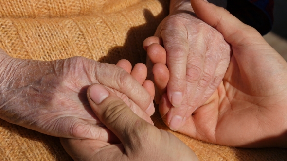A Young Male Hands Comforting an Elderly Pair of Hands of Grandma Outdoor alt