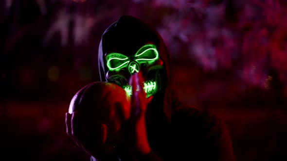 Portrait of a Person in a Mask of Death and in a Hood Against the Background of Branches Illuminated alt