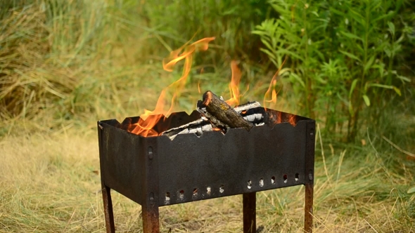 Wooden Logs Burn In a Brazier Or Barbecue Outdoors In Summer