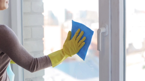 Woman In Gloves Cleaning Window With Rag 12 alt