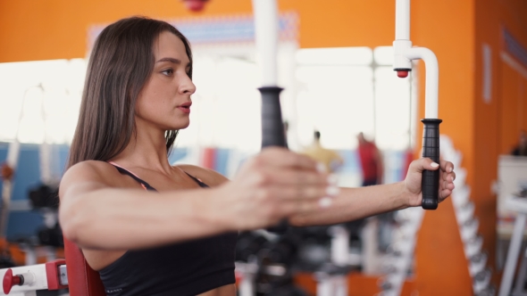 Young Woman Flexing Muscles On Cable Gym Machine. alt