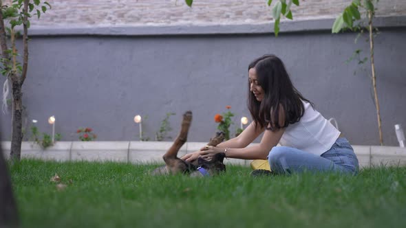 Woman Playing With Dog on Green Field alt