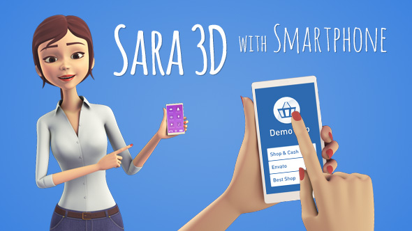 Sara 3D Character with Smartphone - Female Presenter for Mobile App