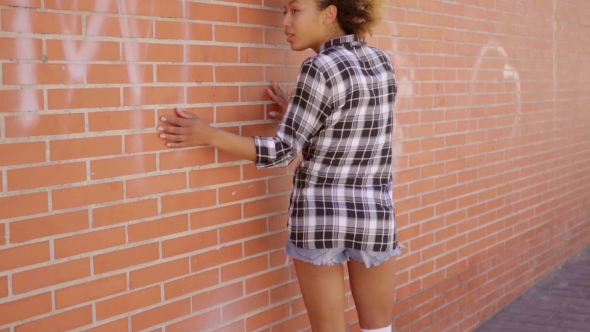 Rear View Of Walking Woman Along A Brick Wall alt