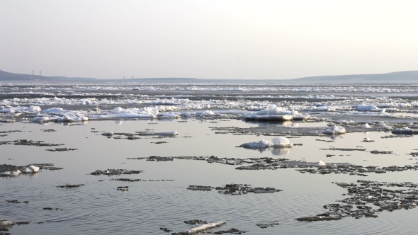  Ice Drift On The River. In The Spring The Ice Floats On The River