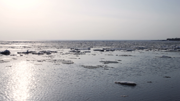 Ice Drift on the River in the Spring the Ice Floats on the River