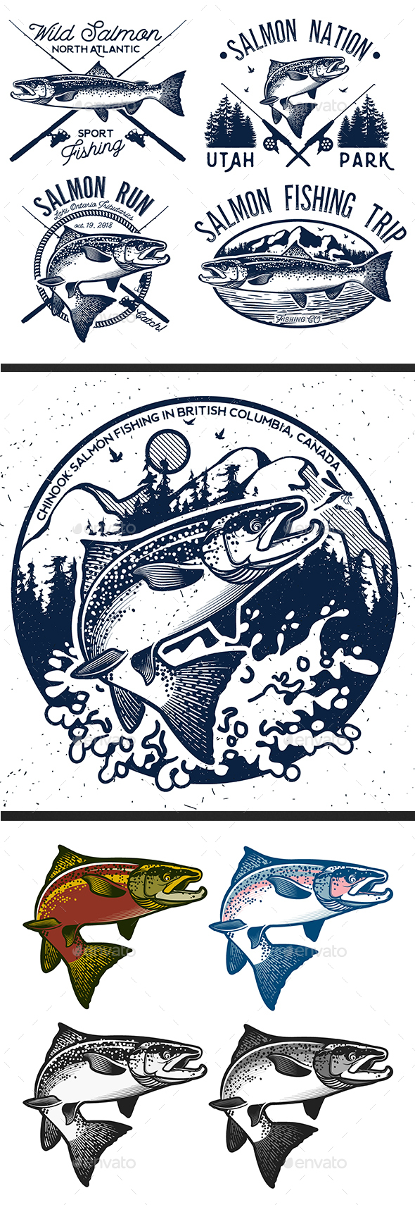 Vintage Salmon Fishing Emblem. Set 2, Vectors