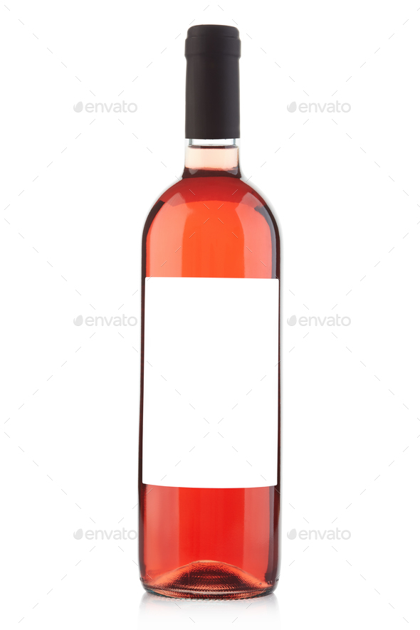 Rose wine bottle with blank label isolated on white, clipping pa Stock