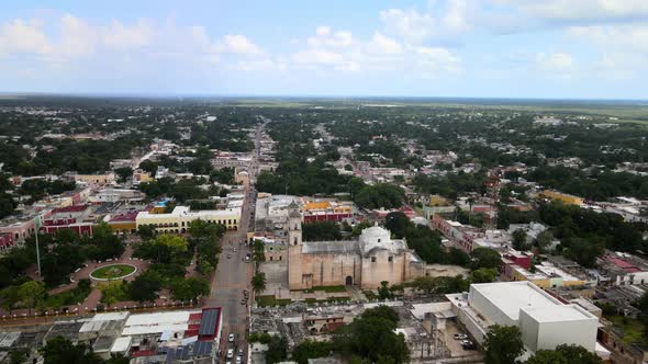 Aerial lateral view of church in Valladolid Yucatan Mexico alt