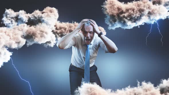 Overwhelmed Businessman Screaming Amidst Thunderclouds alt