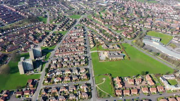 Aerial footage of the town of Kirkstall in Leeds West Yorkshire in the UK alt