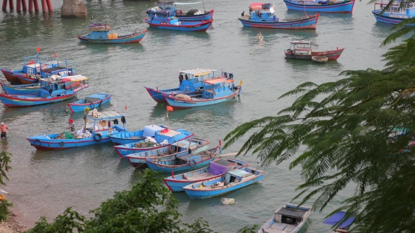Colored Round Fishing Boats Floating In The Harbour, Near Nha Trang, Vietnam.