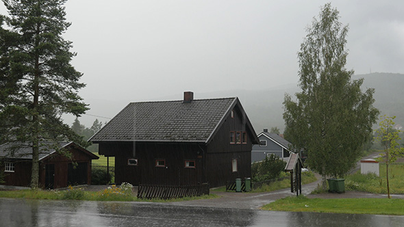 Nordic Heavy Rain in Village near Oslo, Norway