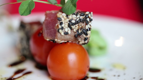 Tuna With Cherry Tomatoes On a Skewer With Sesame Seeds. Cold Appetizer