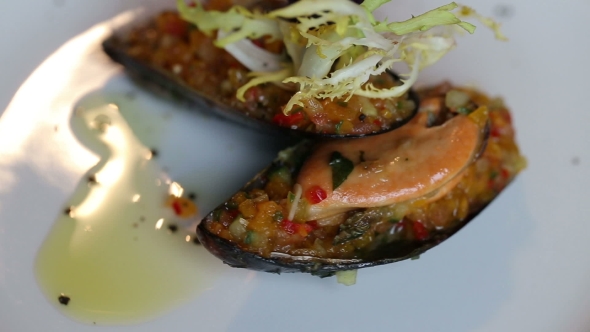 Mussels Stuffed With Vegetables. Colorful Beautiful Dish Decorated With Verdure